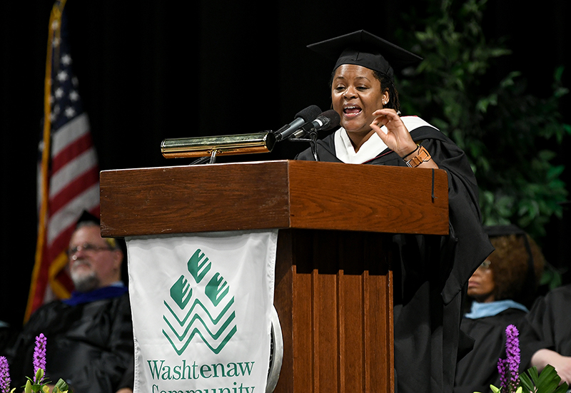 Elizabeth Connors, director of the Surgical Technician and Sterile Processing programs at WCC, delivers the faculty address at the 2019 commencement ceremony. (Photo by Lon Horwedel)